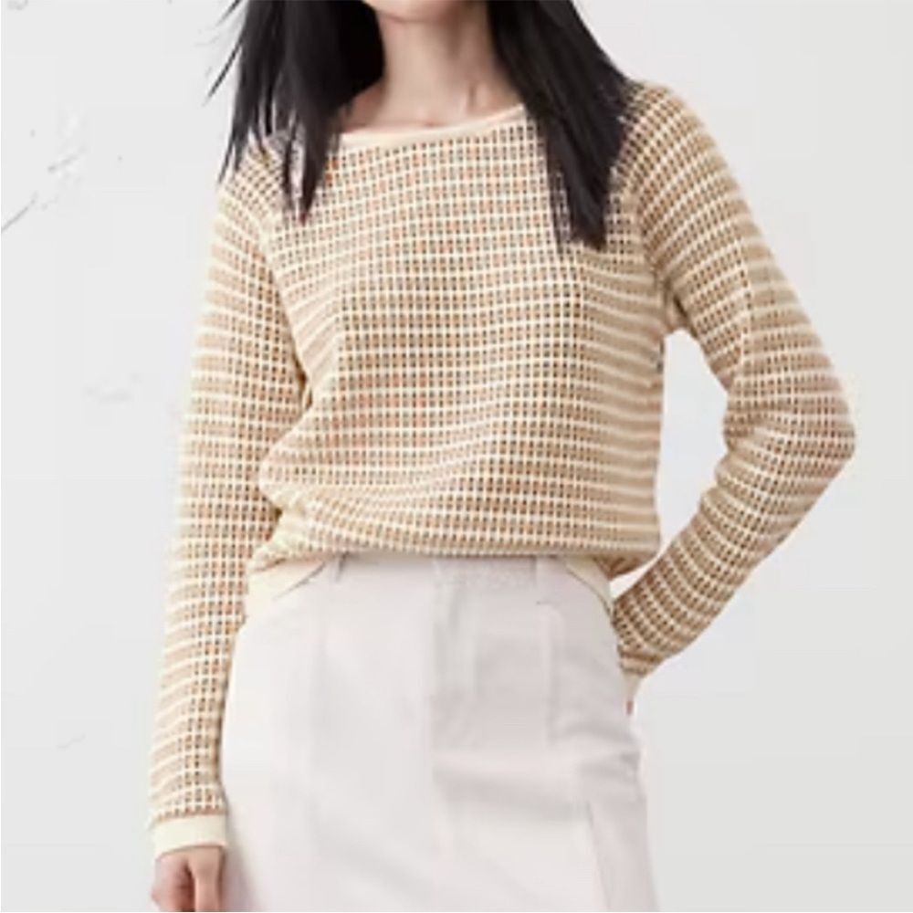 Banana Republic Tan Open Stitch Stripe Sweater Women's Long Sleeve Knit Pullover
